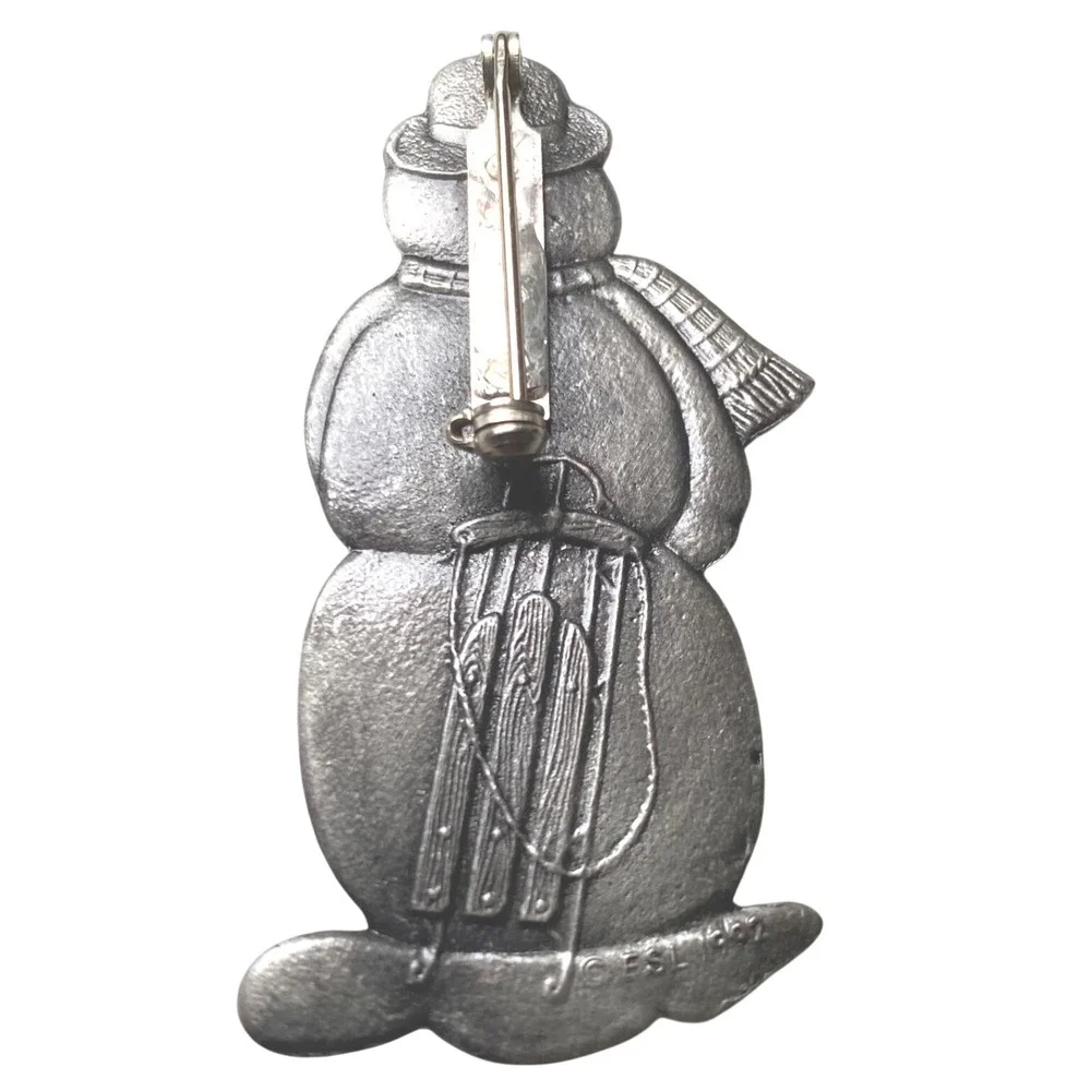 Vintage ESL 1992 Snowman Christmas Brooch Pin Pewter Silver Tone Umbrella Winter